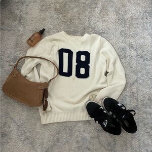 Forever 21 Cream Sweater with Navy Number Aesthetic Cozy Knitted Fall Sweater